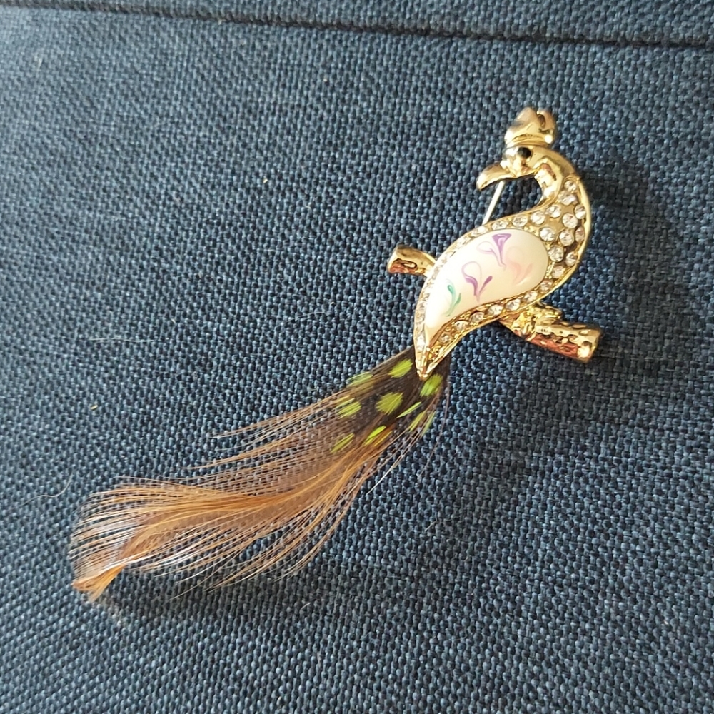 Peacock Pin Pendant with Crystals and feather